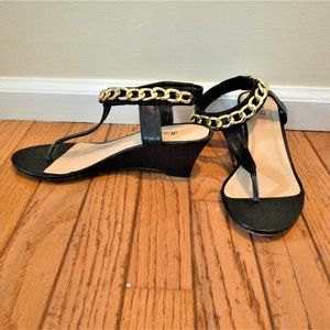 Black Wedge Sandals with Gold Ankle Chain